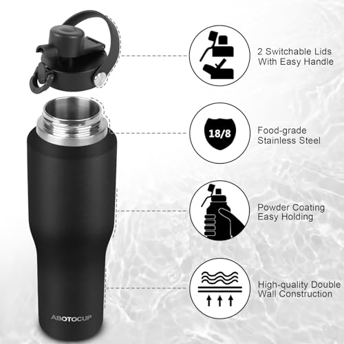 Image of ABOTOCUP 32oz Black Water Bottle Stainless Steel, Keep Cold 24H&Hot 12H, Water Bottle with Straw&Spout Lids, Insulated Water Bottle Double Wall Vacuum, Fit in Any Car Cup Holder, Leak-proof BPA Free