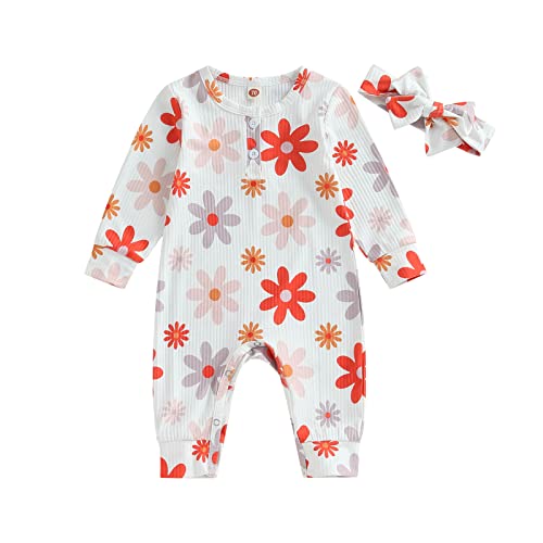 Image of kacubwyy Infant Newborn Baby Girls Clothes Ribbed Romper with Floral Printed Headband Fall Outfits Set
