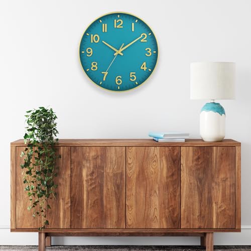Image of HZDHCLH Teal and Gold Wall Clocks Battery Operated 12 inch Silent Non Ticking Modern Wall Clock for Living Room Bedroom Kitchen Office Decor