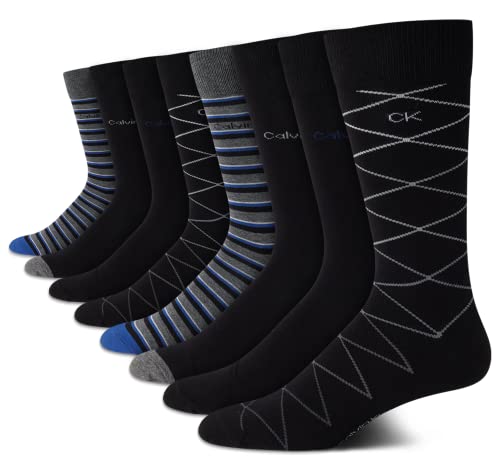 Calvin Klein Men's Dress Socks - 8 Pack Breathable Cotton Mid Crew Socks - Casual Long Work Socks for Men (Sizes 7-12), Size 7-12, Black Pattern