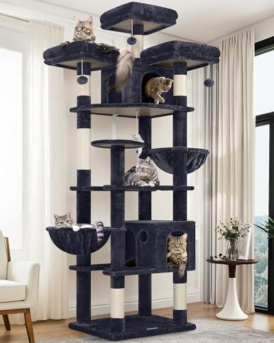 Globlazer Arbre a Chat XXL 209 cm avec 3 Perchoirs Rembourrés, 2 Niches, Grand Plateformes, 2 Paniers, Jouets en Peluche, énorme Arbres a Chats Stable pour...
