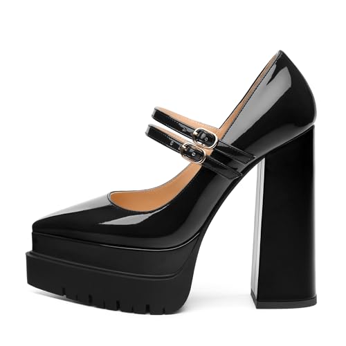 Women's Chunky Platform Heels, Pointed Closed Toe High Heels, Two Buckle Backstrap Patent Pumps for Women 6 Inch2