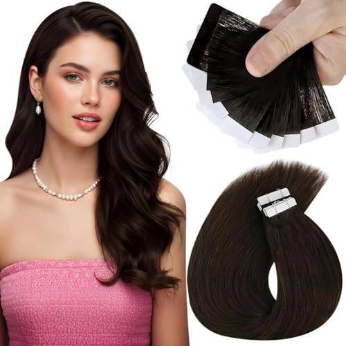 Sunny Hair Tape in Hair Extensions Real Human Hair Invisible Remy Hair Extensions Tape ins for Women Darkest Brown 22 inch 25G
