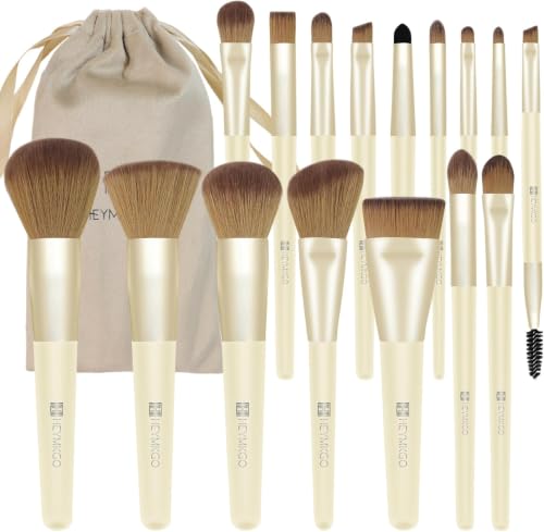 HEYMKGO 16pcs Makeup Brushes with Travel Pouch Professional Wooden Handle Foundation Brush Concealer Brush & Complete Makeup Brush Set for Flawless Makeup.