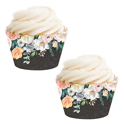 Andaz Press Party Cupcake Wrapper Decorations, Peach Coral Floral Flowers Roses on Chalkboard, 24-Pack, For Girls 1st Birthday Baby Bridal Shower Tea Party Themed Decorations