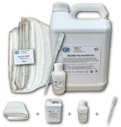6 m² Tissu de verre 300 gr/m² + 5 Kg Résine Polyester iso + Catalyseur + Pipette dosage.