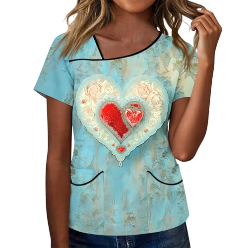 Women's Fashion Casual Printed Tshirt Work Clothes with Skew Collar and Double Layer Pocket Basic Top Red