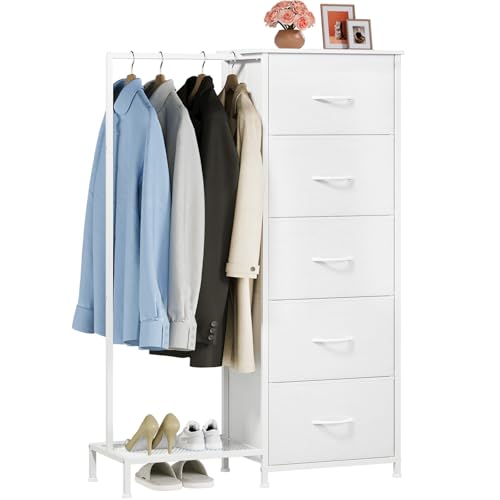 Somdot Commode Chambre avec Penderie, Meuble de Rangement Chambre à 5 Tiroirs en Tissu, Commode pour Salon, Couloir, Entrée, Adult, 30P x 79l x 114,5H, Blanc