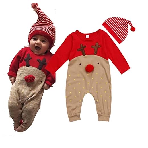Chollius Body bebé 0-3 años de manga larga con diseño de Papá de Navidad y reno con sombrero con botón de Navidad caliente para invierno Combinación cómoda regalo fotografía, Rojo-marrón., 80 cm
