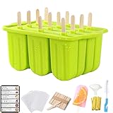 Popsicles Molds Set, 12 Cavity Homemade Maker Ice Pop Mold, Silicone Freezer Molds with 50 Popsicle Sticks 50 Popsicle Bags 50 Ties Funnel Recipes and Cleaning Brush