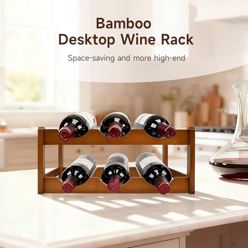 KISENG Bamboo Wine Rack, Sturdy and Durable Wine Storage Cabinet Shelf, Wine Racks Countertop for Pantry,Kitchen,2 Layers 6bottles Wine Racks countertop