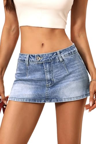 ELLEVEN Denim Mini Skirt for Women Stretch, Low Rise Y2k Jean Skirt with Shorts Underneath Casual Cute Micro Skort Blue Denim Large