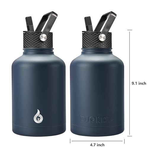 Image of BJPKPK Insulated Water Bottles with Straw Lid, 50oz Large Water Jug, Stainless Steel Vacuum Bottles, Hot & Cold Thermo with 3 Lids and Paracord Handle,Navy Blue