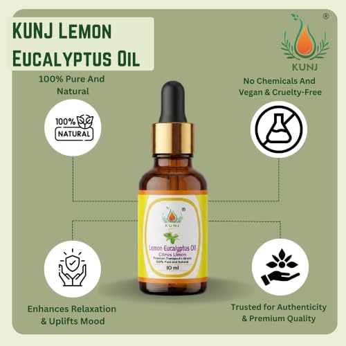 Image of KUNJ Lemon Eucalyptus Essential Oil 10ml - 100% Pure Steam Distilled Corymbia citriodora Oil for Aromatherapy, Diffuser, Spa, Home Fragrance, Fresh Citrus Aroma & DIY Beauty Blends