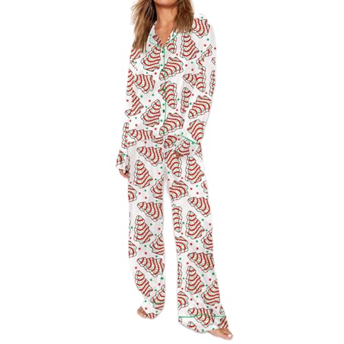 Meiweileya Womens Satin Christmas Pajama Set Silk Tree Cake Button down Shirt Pants 2 Piece Holiday Sets Cute Pj Friends Pjs White
