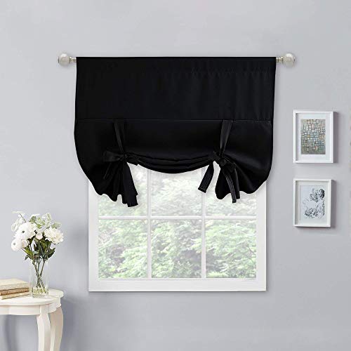 NICETOWN Bathroom Window Curtain Blackout - Tie Up Shades Privacy Thermal Insulated Curtain Panel for Glass Door/Kitchen Window (Black, 1 Panel, 40 in
