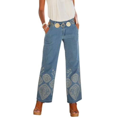 LASCANA Women's Embroidered Wide Leg Jeans - Mid-Rise, White Embroidery, Button Zipper Closure, Stretch Denim