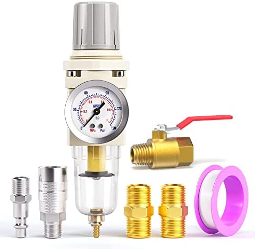 TAILONZ PNEUMATIC 1/4 Inch NPT Air Filter Pressure Regulator Combo Piggyback, Air Tool Compressor Filter with Gauge AW2000-02