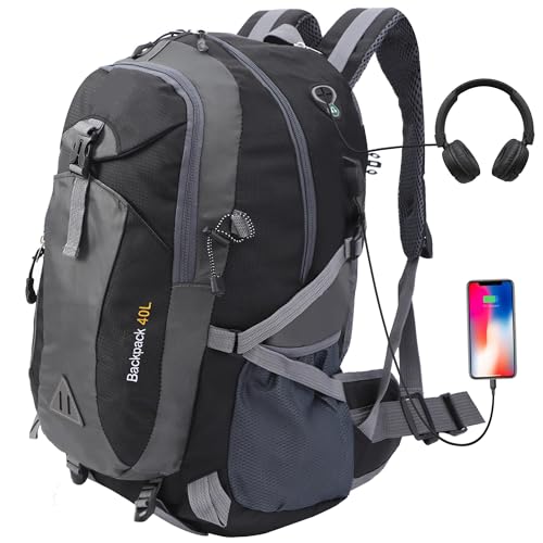 Alitifiy 40L Hiking Backpack, Waterproof Lightweight Travel Daypack Backpack with charging port & Headphone jack, Backpack for Men Women Camping Trekking Outdoor Back Pack Bag, Black