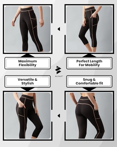 Image of BLINKIN Women's 3 /4 Gym Wear Tights for Women with Side Pockets : Perfect for Active Wear, Yoga & Workout - The Ultimate Gym Pants for Woman & Girls (015)