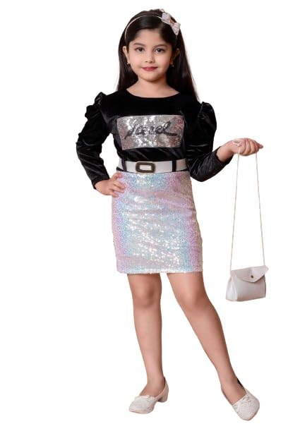 SPAMitude - Girls Kids Above Knee Velvet Sequin Party Dress | Festive Dress | Knee Length Bodycon Dress | Fashion Sleeve Fancy Dress for Birthday Girl