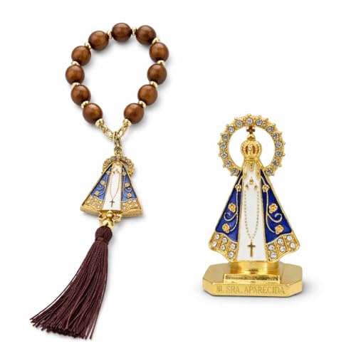 Kit Religioso Nossa Senhora Aparecida para Carro – Dezena de Terço em Madeira para Retrovisor + Miniatura Decorativa para Painel