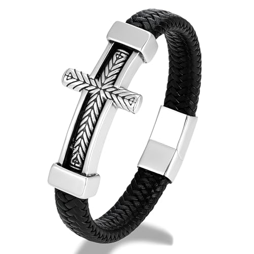 Image of THE MEN THING Leather Bracelet for Men - American Style Genuine Leather Multi-Layer Braided Bracelet with 100% Stainless Steel Magnetic Buckle for Men & Boys (8 inch)