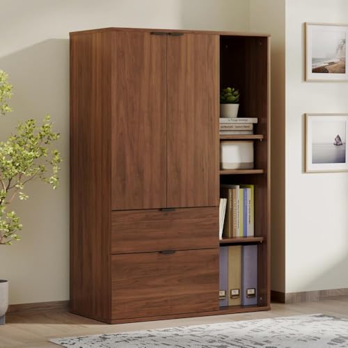 Image of Wakefit Engineered Wood Cabinet | 1 Year Warranty | Storage Cabinet for Home Kitchen Living Room | 1 Closed Compartment, 2 Drawers & 4 Open Shelves | Pattens - Columbian Walnut