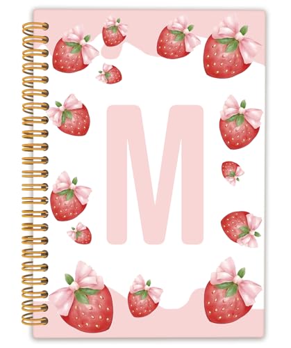 Locomiss Strawberry Initial Letter M Notebook Journal, Cute Pink Spiral Notebook Journal for Teen Girls Women, Personalized Journals for Women, 5.5x8.16