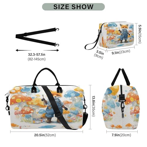 Weekender Bags Travel Duffel Gym Bag Anthropomorphic Fox in Denim Overalls Painting A Mural Of Polka-dot Mushrooms Lisa Frank Neon Palet Carry on Overnight Tote Bag with Toiletry Bag for Airplane Tra3