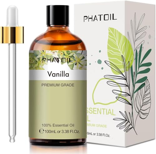 PHATOIL Vanilla Essential Oil 100ml - 100% Pure and Natural Premium Grade Vanilla Oil for Home Aromatherapy Diffusers Skin Care Soap and Candle Making