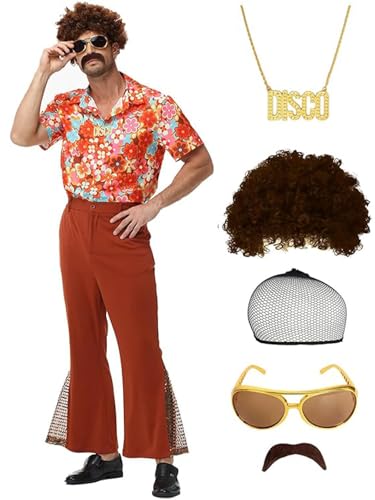 Wianja 70s Outfits for Men 7pcs Disco Outfit Men Retro Costume for 70's Theme Clothes Party (Orange - A, X-Large)