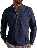 【CARACTERÍSTICAS】Camisa henley de lino para hombre, manga larga, cuello con banda, cierre con botones, camisa sólida, camisa henley suelta informal para hombre con bolsillo.