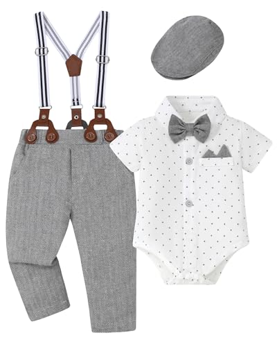 Image of Coco&RARA Baby Boy Clothes Suits Infant Tuxedo Gentleman Dress Shirt with Bowtie Beret Suspender Pants Outfit Sets 0-18M