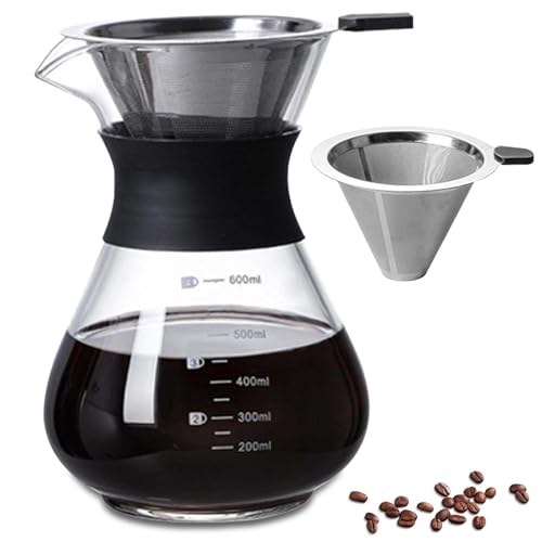 Pour Over Kaffeebereiter, 600ml Kaffeebrüher für Filterkaffee, Hand Kaffee Edelstahl Handfilter Aus Glas Mit Permanentfilter, Kaffeedrip-Brauer, Für Zuhause, Café, Restaurant und Camping, Schwarz