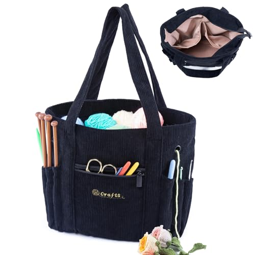 MYBAGZING Bolsa E Sacola De Crochê - Bolsa De Fios De Veludo Cotelê - Suporte De Fios Para Crochê - Bolsa De Armazenamento De Crochê Para Agulhas De Crochê, Acessórios De Crochê, Bolsa De Tricô Para