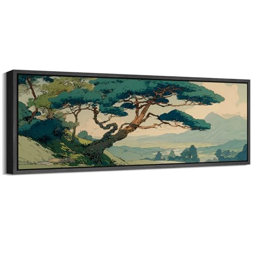 Image of MUDECOR Large Framed Canvas Print Wall Art Vintage Japanese Pine Tree Landscape Oriental Antique Retro Ready to Hang Painting for Living Room Bedroom Multi-Sizes - 60 inchx20 inch