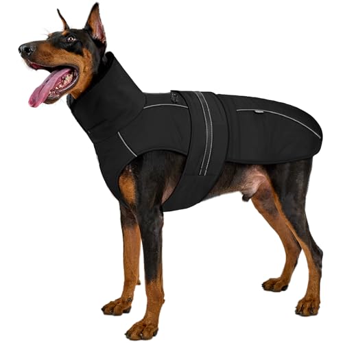 Onetigris Dog Coat Warm Dog Winter Coat Waterproof Dogs Jacket with Harness Built in Reflective Pet Fleece Vest Zip-Up Cold Weather Coats for Large Dogs Turtleneck & Windproof Coats (Black, M)