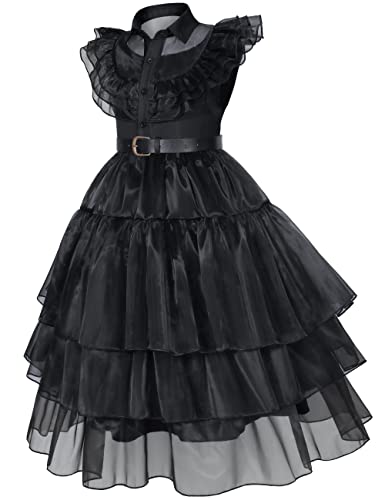 Wednesday Addams Dress Up Costume For Girls Birthday Halloween Cosplay Party With Wig Socks Belts 3T 4T (110Cm) #TOP3