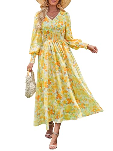 ANRABESS Women's Long Sleeve Floral Maxi Dress Casual V Neck Chiffon Boho Flowy Beach Fall Wedding Guest Party Long Dresses Floral Yellow Orange Large