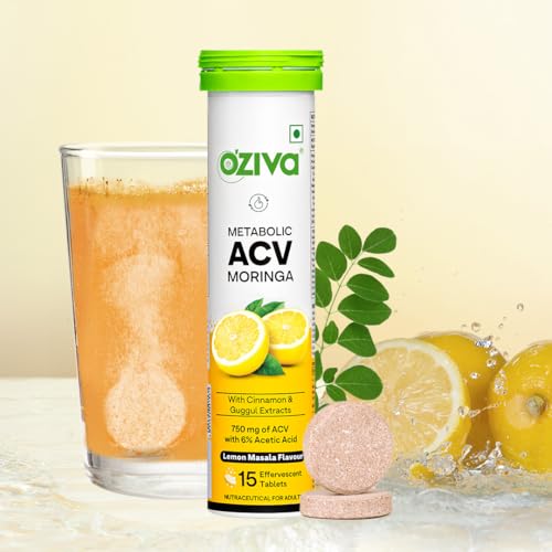 OZiva ACV Moringa | Control Cravings I Apple Cider Vinegar, Cinnamon, Guggul I No Maltodextrin & No Added Sugar I 15 Effervescent Tablets - Lemon Masala, Pack of 4 (60 tablets).