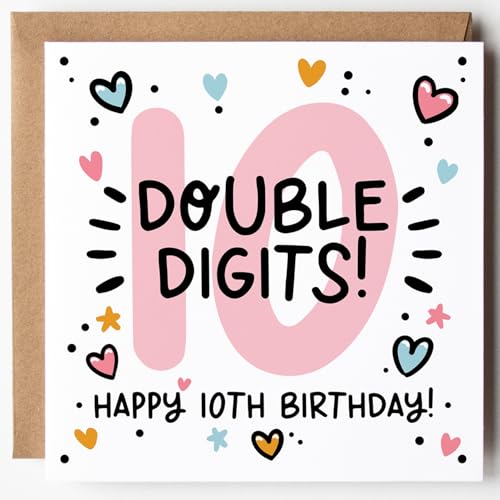 Lunella Stationery Happy 10th Birthday Card for Her - Double Digits Age 10 Card - Cute & Trendy Design Blank Inside With Kraft Envelope Age 10 (Double Digits)