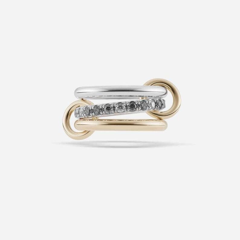 18K Gold Plated White Topaz Interlocked Stackable Rings for Women 925 Sterling Silver Multi Stack Link Ring Dainty Two Tone Statement Ring Jewelry for Her