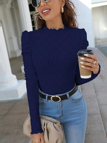 Image of Sugathari Girl's & Women's Spring /Summer Slim Fit High Neck T-Shirt with Stand Collar, Cap Sleeves and Eyelet Embroidery Frill Trim Tee Textured Sheer Fabric (T-Shirts 194 $P)