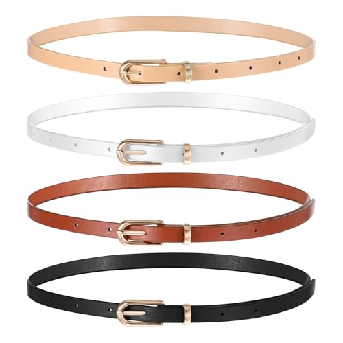 4 Pack Women Skinny Leather Belts for Jeans, Thin Waist Belt with Metal Buckle for Ladies, Dresses, Pants (39 Inches, White, Black, Cream Color, Coffee)
