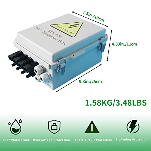 4 String Solar Combiner Box, IP65 Waterproof PV Combiner Box for On/Off Grid Solar System,with Lightning Arrester, 15A Rated Current Fuse & 63A Circuit Breaker(Plastic)