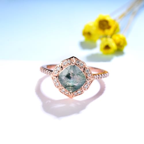 Natural Moss Agate Gemstone Rings for Women Solid 925 Sterling Silver Rings for Women Trendy Cusion Engagement Wedding Ring Gift2
