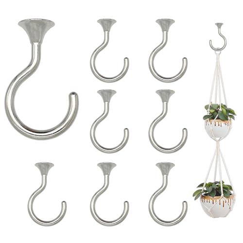 Image of Heavy Duty Ceiling Hooks for Hanging Plants 8 Pack (Silver) | Polished chrome look; holds 30 lbs on wood & concrete, 20 lbs on drywall; 2.4 inch swag hook for lights, pots & tools