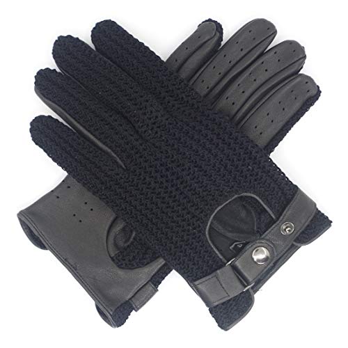 Preisvergleich Produktbild Harssidanzar Herren Autohandschuhe Leder mit Häkeln Schwarz Fahrhandschuhe Touchscreen GM030,Schwarz,Größe XL