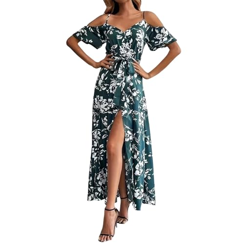 Strandkleid Damen Luftig, Sommerkleider Damen Lang Blumen Hohe Taille V-Ausschnitt Kleider Schlitz Casual Maxikleid Spaghettiträger Freizeitkleid...